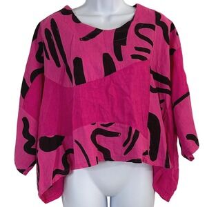 Transparente Women's  2X-4X Hot Pink Linen Abstract Print Top Italy Art to Wear